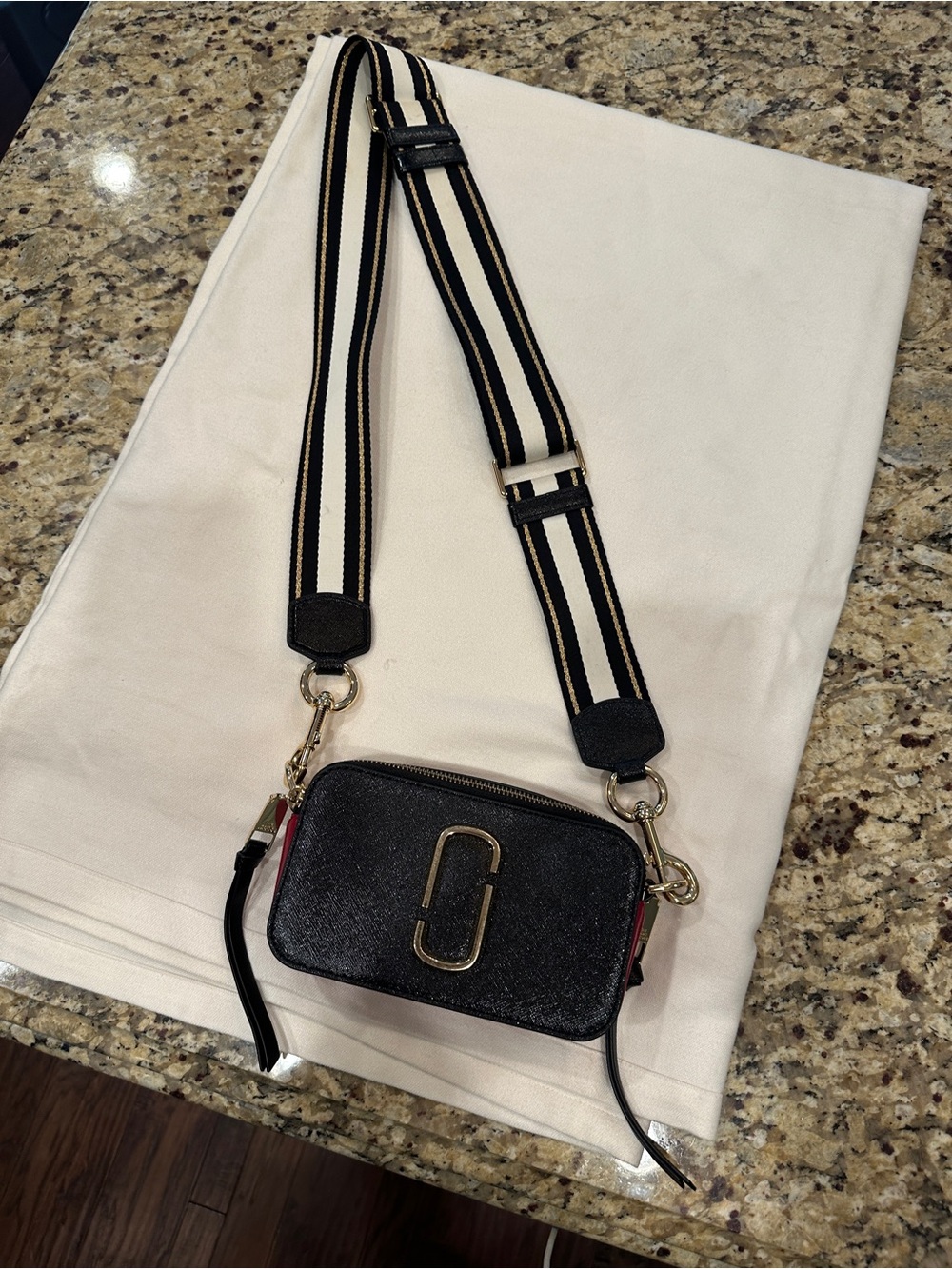 Marc Jacobs Black Crossbody Camera Bag with Striped Adjustable Strap